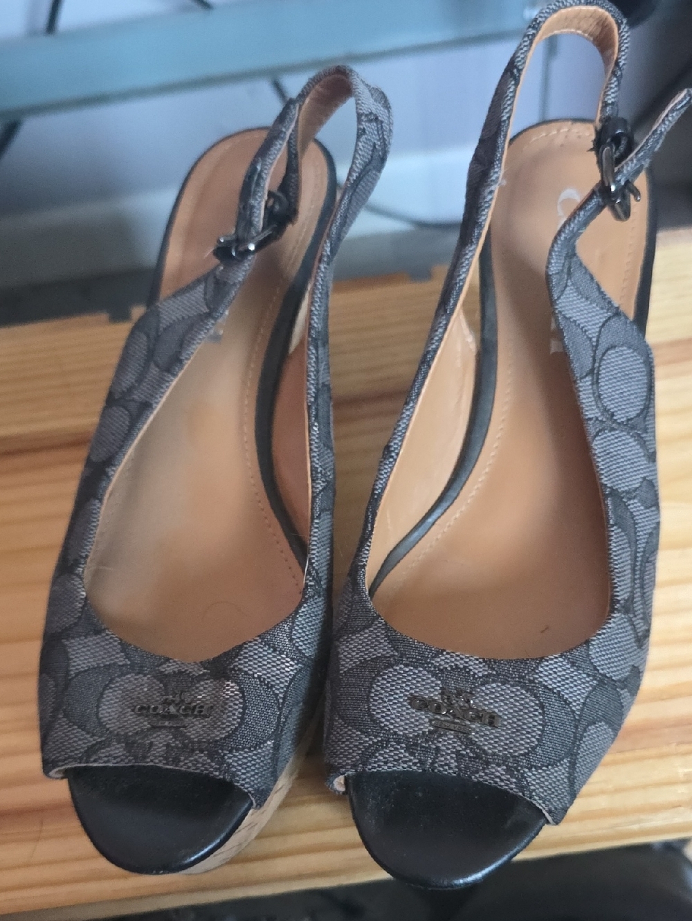 Coach Gray Signature Slingback Peep-Toe Wedges